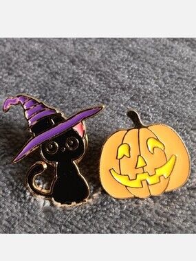Black Witchy Kitty & Spooky Pumpkin, Metal Enamel Pin Set, Halloween Cat